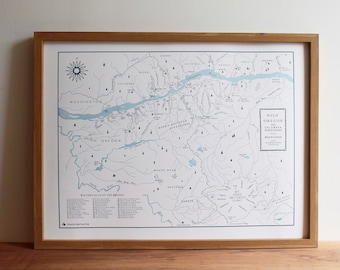 The Columbia River Gorge and Mount Hood Oregon Letterpress Map, Wall art, Print