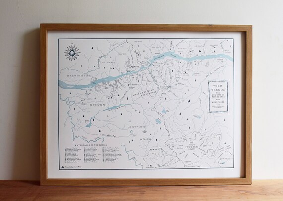 The Columbia River Gorge and Mount Hood Oregon Letterpress Map, Wall art, Print
