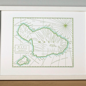 Maui, Hawaii, Letterpress Printed Map Olive Green image 1