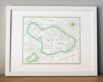 Maui, Hawaii, Letterpress Printed Map (Olive Green)