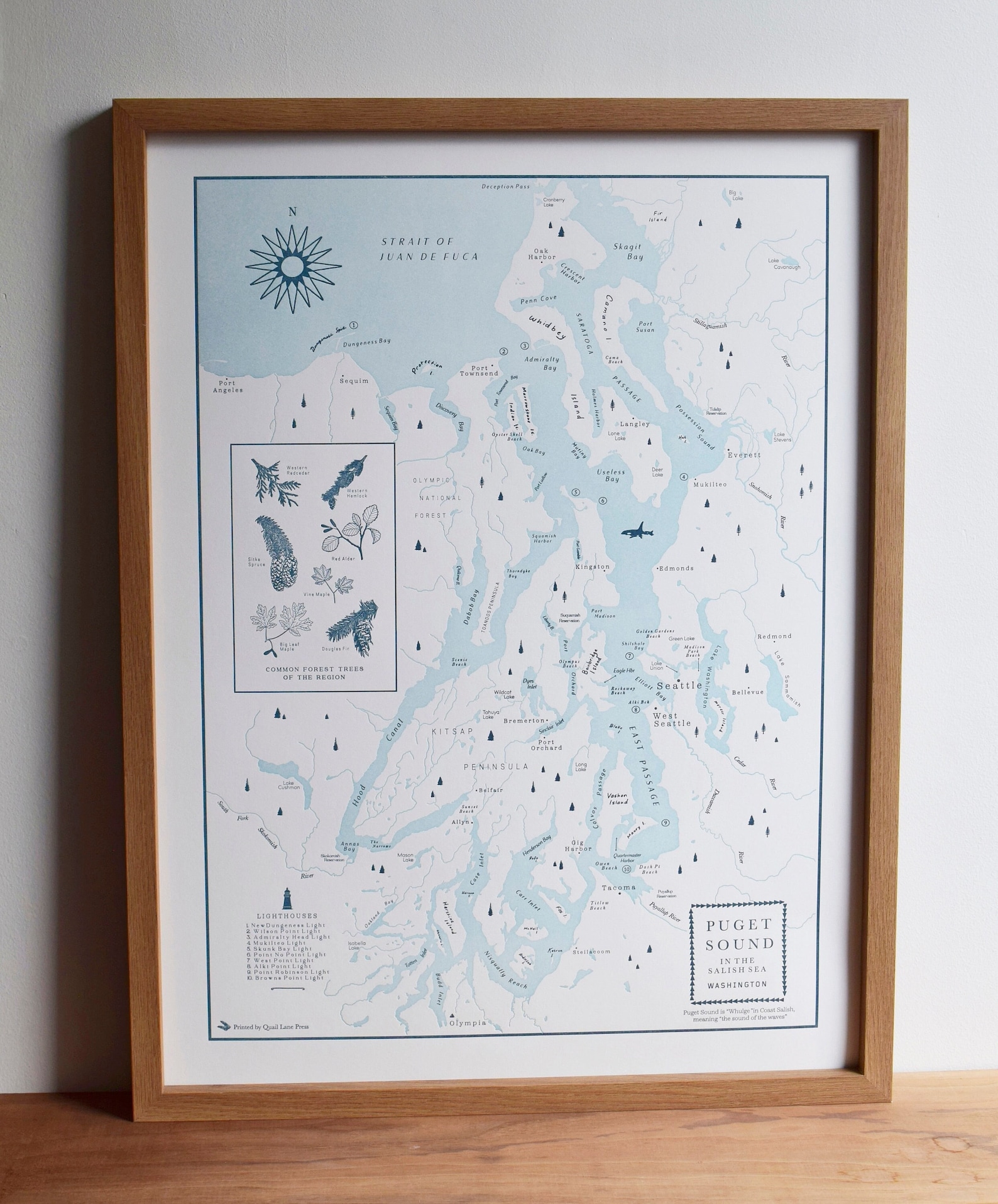 Puget Sound, Seattle Washington Letterpress Map Print - Framed in light oak