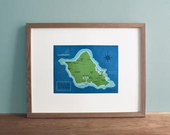 Oahu, Hawaiian Islands, Letterpress Printed Map