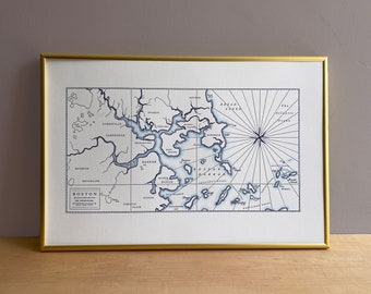 Historic Boston Harbor, Letterpress Printed Map (Navy)