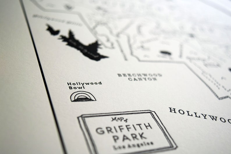 Griffith Park Los Angeles, Letterpress Map, Wall Art, Print image 3