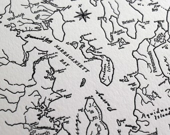 Narragansett Bay, Rhode Island Letterpress printed Mini Map