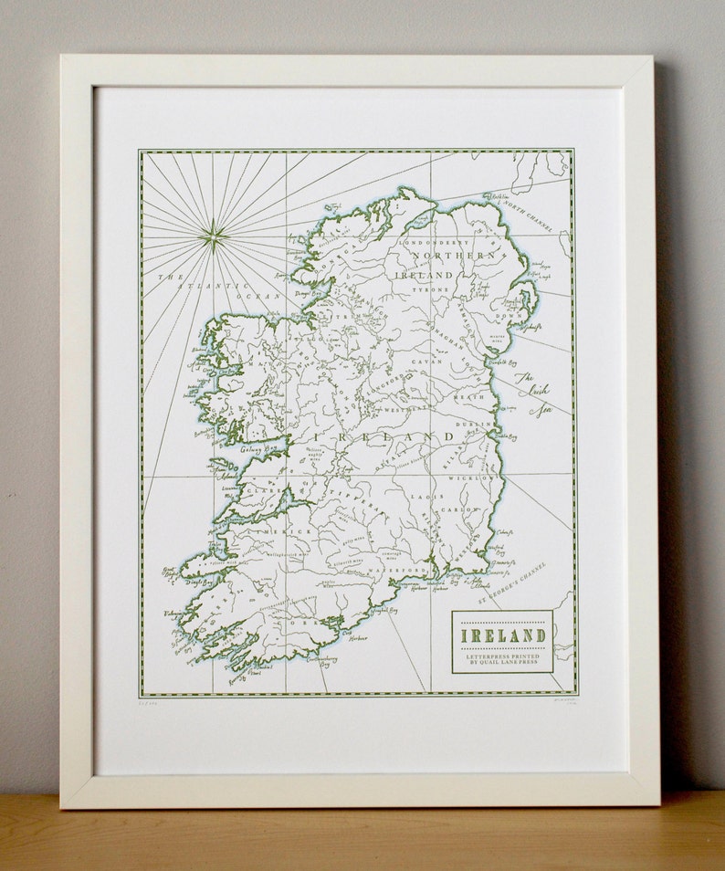 Ireland, Letterpress Printed Map, Wall Art Print Green