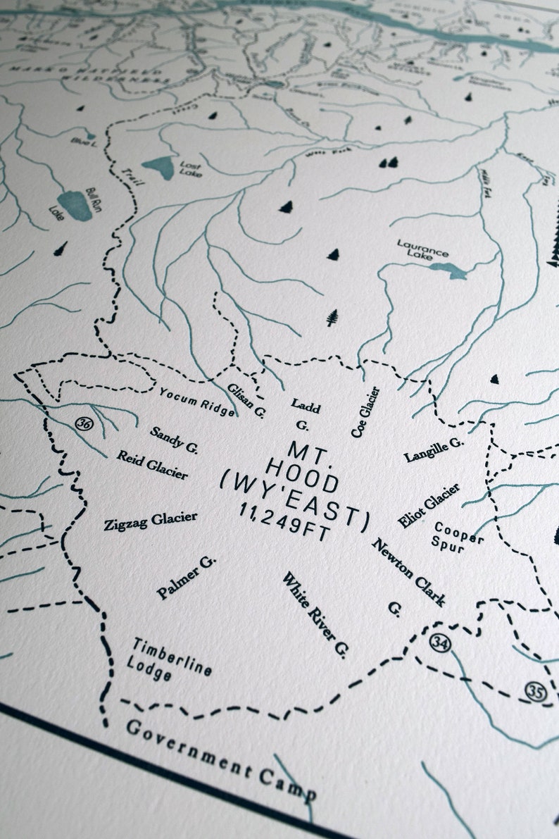 May include: Detailed map print of Mt. Hood (Wy'East) in Oregon, featuring contour lines, rivers, lakes, and place names like Zigzag Glacier and Timberline Lodge. The elevation is marked as 11,249 feet.