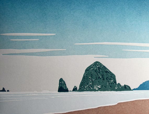 Haystack Rock, Cannon Beach, the Oregon Coast, Illustrated Print