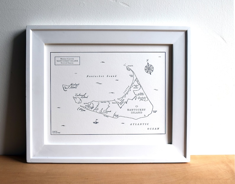 Nantucket Island, Massachusetts, Mini Map, Letterpress Wall art Print image 1