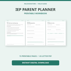 Puede incluir: Un libro de trabajo imprimible IEP Parent Planner con tres páginas blancas y texto oscuro. Las páginas se titulan Your child, your working copy, Meeting preparation y One goal at a time. Incluye 15 páginas imprimibles en formato PDF.