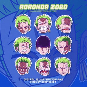 Anime Op Strohhut Schwertkämpfer, 9 Digital Illustration Pack, Anime Clipart, Sticker Vorlagen, PNG