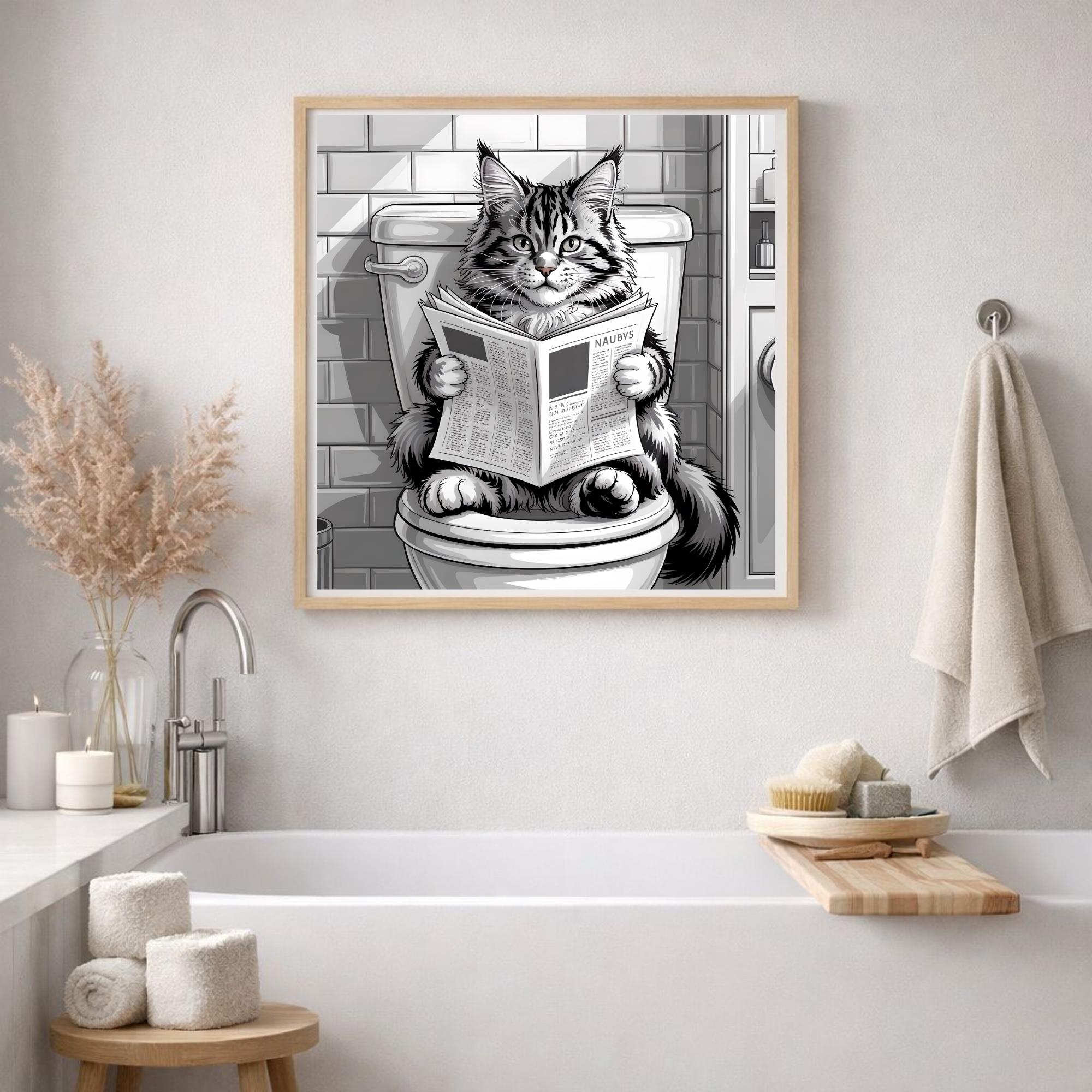 Funny Cat Bathroom Wall Art, Cat Reading Newspaper on Toilet Print ...