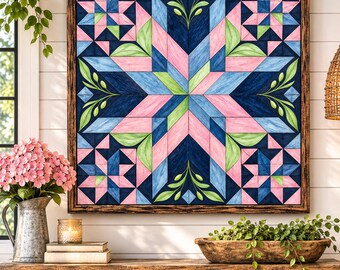 Pink & Blue Barn Quilt Wall Art, Baby Girl Nursery Decor, Colorful Farmhouse Quilt Print, Floral Star Wall Art, Cottagecore Bedroom Decor