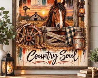 Country Soul Horse Wall Art, Rustic Farmhouse Decor, Western Horse Print, Country Living Room Art, Barn Sunset Wall Decor