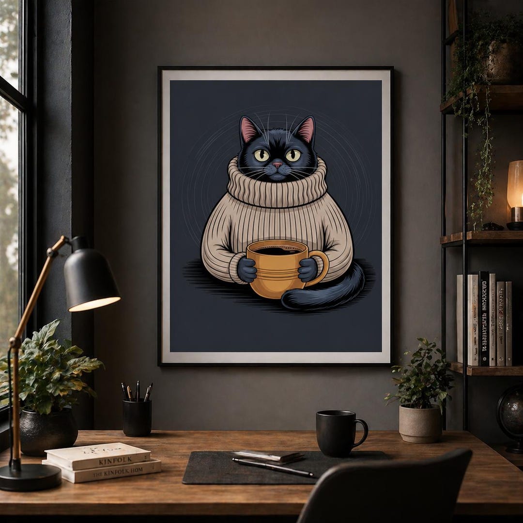 Black Cat Wall Art Print, Cozy Coffee Cat Poster, Gothic Cat Decor ...