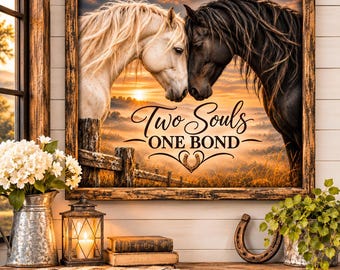 Two Souls One Bond Horse Wall Art, Black and White Horse Print, Rustic Western Farmhouse Decor, Romantic Horse Couple Artwork, Country Wall