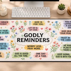 May include: A rectangular desk mat featuring a white background with colorful watercolor-style floral illustrations and various inspirational phrases in black text, including the central title Godly Reminders, surrounded by pastel-colored text boxes.