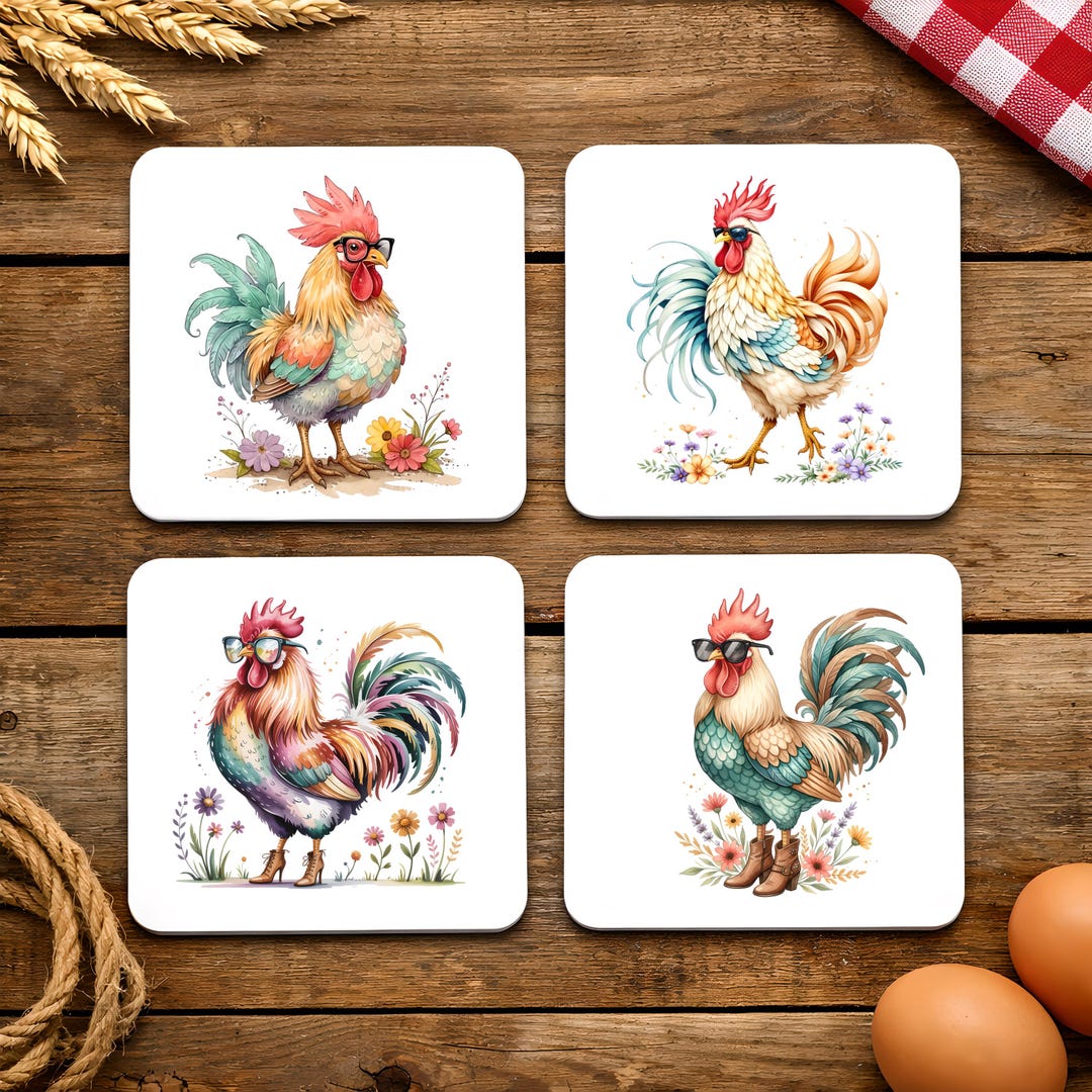 Funny Farmhouse Chicken Coaster Set, Rustic Rooster Drink Coasters ...