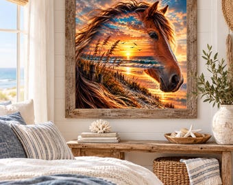 Coastal Horse Wall Art, Beach Sunset Horse Print, Rustic Coastal Farmhouse Decor, Ocean Horse Artwork, Beach House Wall Decor