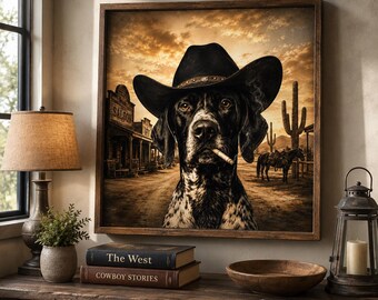 German Shorthaired Pointer Cowboy Wall Art, Western Dog Decor, GSP Wall Art, Rustic Cowboy Dog Print, Wild West Saloon Decor