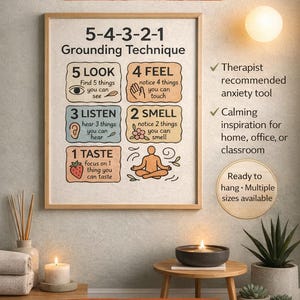 May include: A framed print with the text "5-4-3-2-1 Grounding Technique" for anxiety relief. The artwork features instructions for grounding, with illustrations and the text "Available Now from Past Tyme Design."