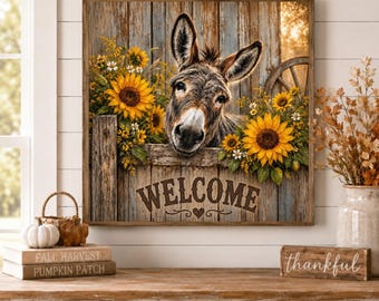 Rustic Donkey Welcome Wall Art, Sunflower Farmhouse Decor, Country Entryway Sign, Farm Animal Wall Art, Donkey Lover Gift