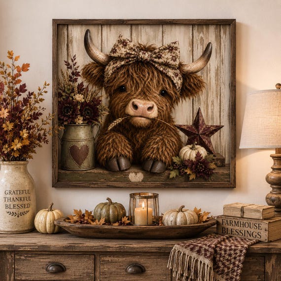 Highland Cow Wall , Fall Highland Cow Decor, Cute Highland Cow Print, Rustic Farmhouse Wall Art, Autumn Cow Picture, Country Cottage Decor