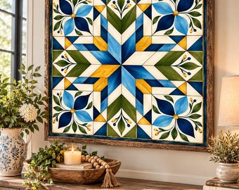 Blue Barn Quilt Wall Art Print, Floral Geometric Star Decor, Modern Farmhouse Wall Art, Navy Blue Country Cottage Square Print