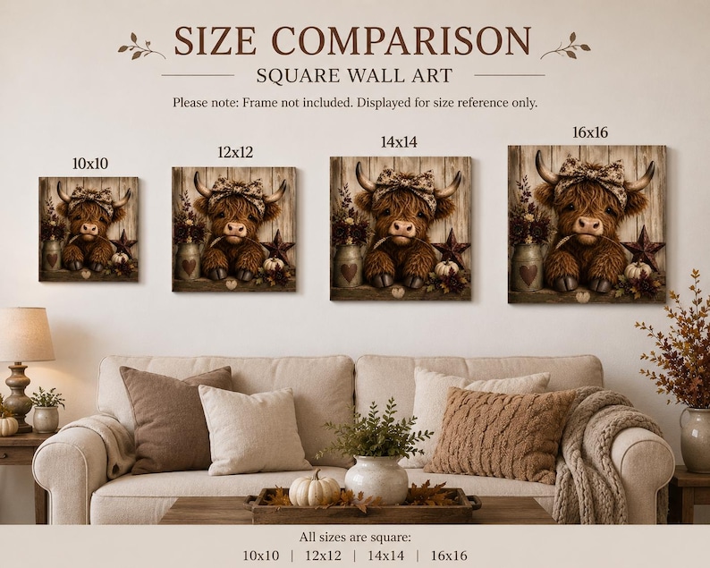 May include: A size comparison chart for square wall art featuring a highland cow illustration. Four canvas sizes are displayed: 10x10, 12x14, 14x14, and 16x16 inches. The text reads: SIZE COMPARISON, SQUARE WALL ART, Please note: Frame not included.