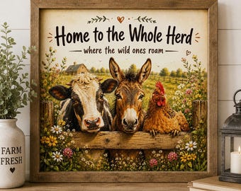 Home to the Whole Herd Farmhouse Wall Art | Cow Donkey Chicken Decor | Rustic Farm Animal Sign | Country Kitchen Wall Art | Square Farmhouse