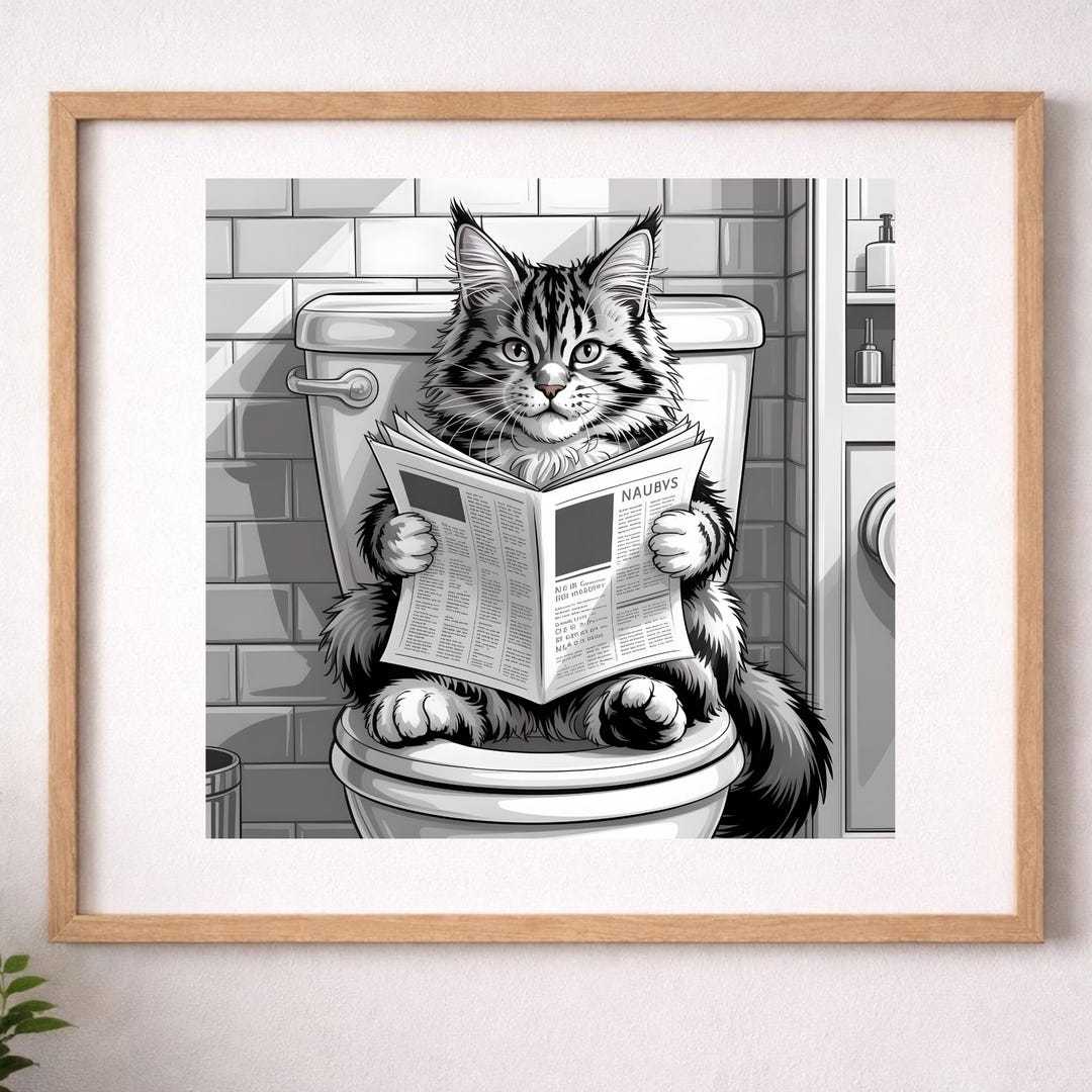 Funny Cat Bathroom Wall Art, Cat Reading Newspaper on Toilet Print ...