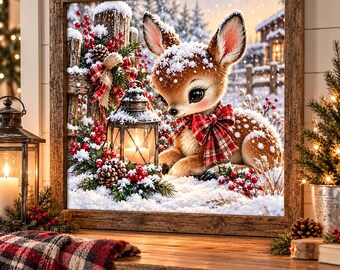 Christmas Baby Deer Wall Art, Cute Fawn Winter Print, Rustic Farmhouse Christmas Decor, Woodland Nursery Art, Holiday Cabin Decor