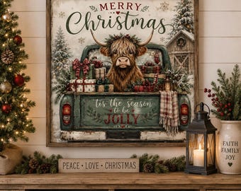 Merry Christmas Highland Cow Wall Art, Rustic Farmhouse Christmas Decor, Vintage Truck Holiday Art, Country Christmas Wall Decor, Christmas