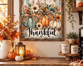 Thankful Pumpkin Wall Art, Rustic Farmhouse Fall Decor, Leopard Bow Pumpkins, Autumn Sunflower Print, Thanksgiving Wall Decor