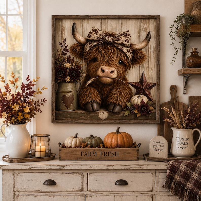 May include: A square wooden wall art piece featuring a fluffy brown Highland cow with a patterned bow between its horns, holding a wheat stalk in its mouth. The cow is set against a vertical plank background with a metal star and a small heart.