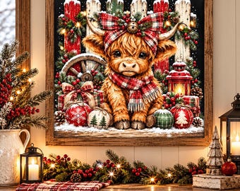 Christmas Highland Cow Wall Art, Rustic Farmhouse Christmas Decor, Cute Baby Cow Holiday Print, Western Christmas Wall Decor