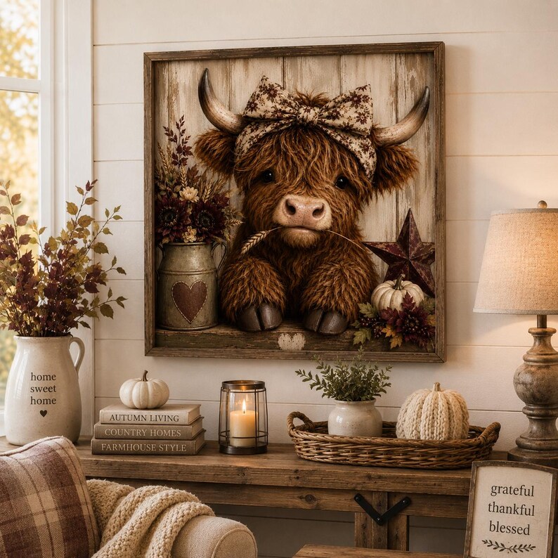 May include: A square framed wall art piece featuring a fluffy brown highland cow wearing a patterned bow between its horns. The cow holds a wheat stalk in its mouth, set against a rustic wood-plank background with a metal star and flowers.