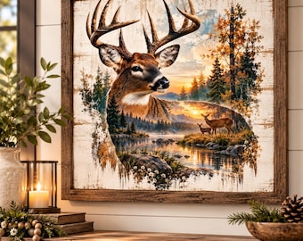 Rustic Deer Wall Art, Whitetail Buck and Doe Print, Woodland Wildlife Decor, Hunting Cabin Wall Art, Mountain Lodge Farmhouse Decor