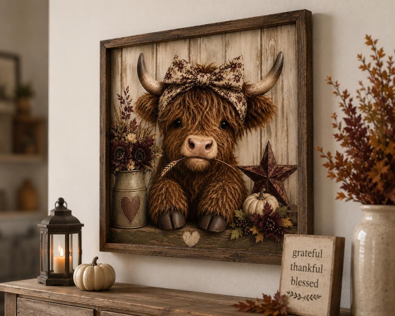 May include: A framed wall art piece featuring a fluffy brown Highland cow wearing a patterned bow between its horns. The cow holds a wheat stalk in its mouth. The scene includes a metal milk jug, a rustic star, and a small pumpkin on a wood background.