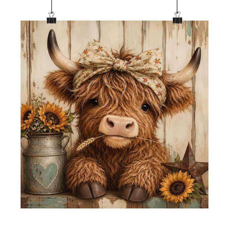 Highland Cow Wall Art, Cute Highland Cow Decor, Rustic Farmhouse Cow Picture, Sunflower Cow Print, Country Cottage Wall Decor afbeelding 7