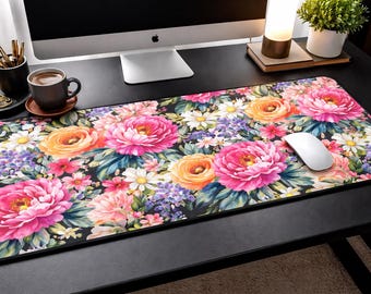 Floral Desk Mat, Large Mouse Pad, Pink Peony Flower Desk Pad, Extended Mousepad, Cute Office Decor, Feminine Workspace, Gift for Her