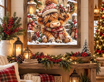 Christmas Highland Cow Wall Art, Cute Baby Cow Winter Print, Rustic Farmhouse Christmas Decor, Highland Calf Holiday Wall Art