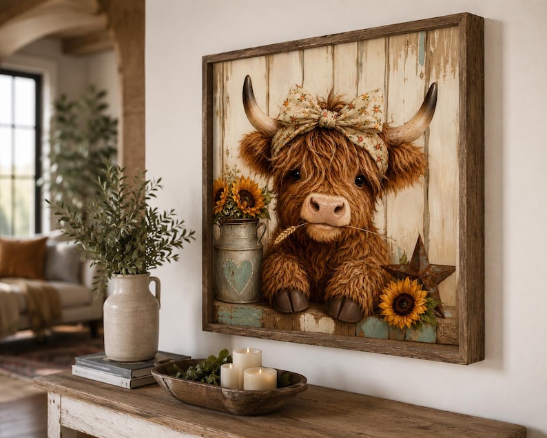 Op de afbeelding: Een vierkant ingelijst kunstwerk aan de muur met een pluizige bruine Schotse Hooglander die een hoofdband met bloemenpatroon draagt. De koe staat voor een rustieke achtergrond van witte houten planken met een metalen melkkan, zonnebloemen en een ster.