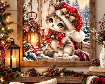 Christmas Kitten Wall Art, Cute Cat in Santa Hat Print, Rustic Farmhouse Christmas Decor, Woodland Holiday Wall Art, Cat Lover Gift