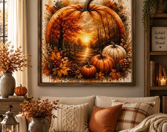 Pumpkin Fall Wall Art, Autumn Pumpkin Canvas Print, Rustic Farmhouse Autumn Decor, Harvest Landscape Wall Decor, Thanksgiving Living Room