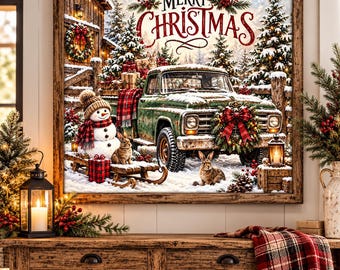 Vintage Christmas Truck Wall Art, Rustic Farmhouse Christmas Decor, Merry Christmas Print, Snowman Winter Wall Art, Holiday Gift