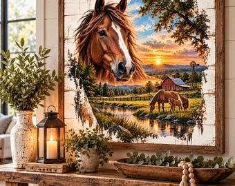Horse Wall Art Print, Rustic Farmhouse Horse Decor, Country Sunset Landscape, Mare and Foal Artwork, Western Ranch Square Wall Art