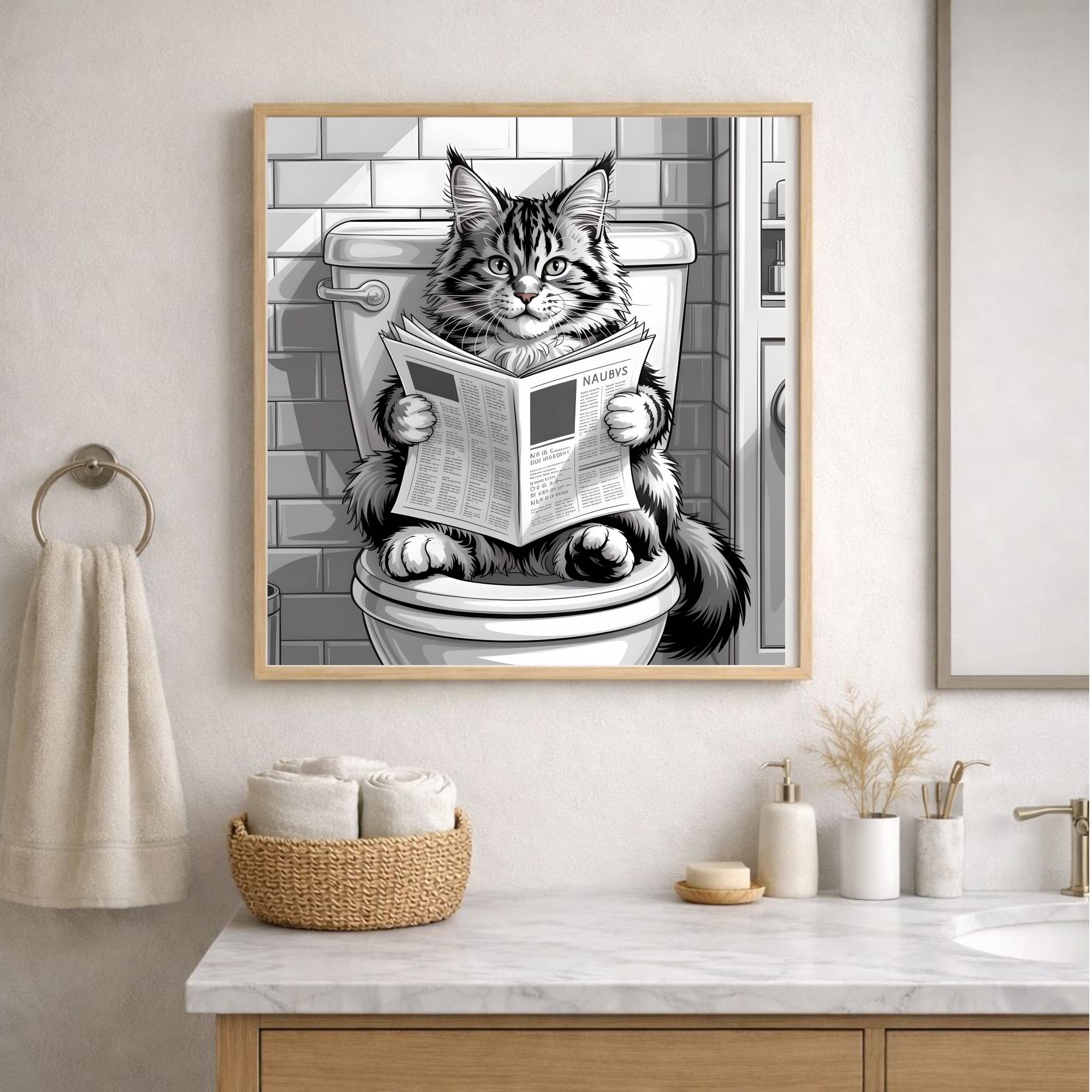Funny Cat Bathroom Wall Art, Cat Reading Newspaper on Toilet Print ...
