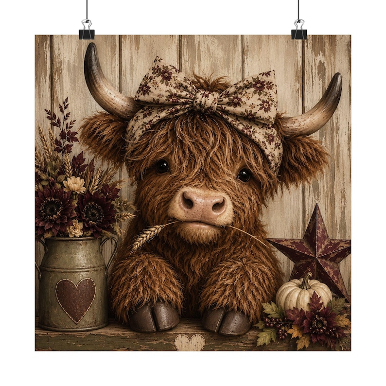 Highland Cow Wall , Fall Highland Cow Decor, Cute Highland Cow Print, Rustic Farmhouse Wall Art, Autumn Cow Picture, Country Cottage Decor image 6