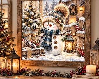 Rustic Snowman Wall Art, Farmhouse Christmas Decor, Cute Winter Snowman Print, Country Christmas Wall Decor, Cozy Holiday Cabin Art